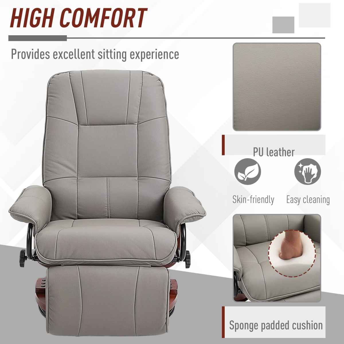 Dimension diagram of the ergonomic PU leather recliner armchair