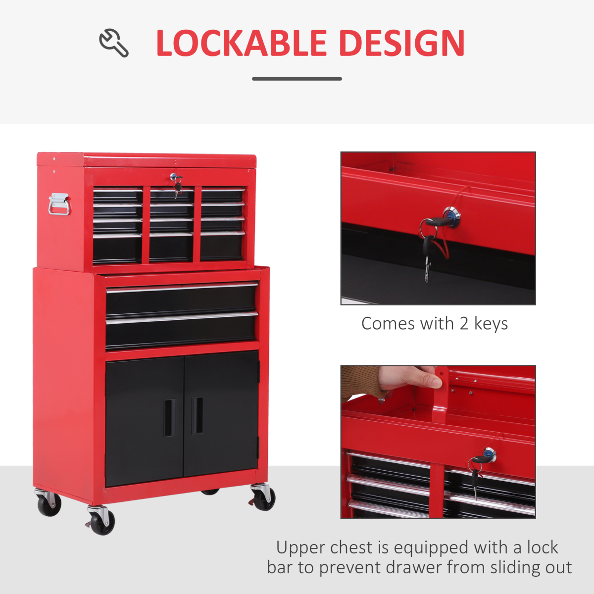 HOMCOM Portable Steel Tool Top Chest with Storage Drawers & Lift-Up Lid – Workshop Tool Storage, Red