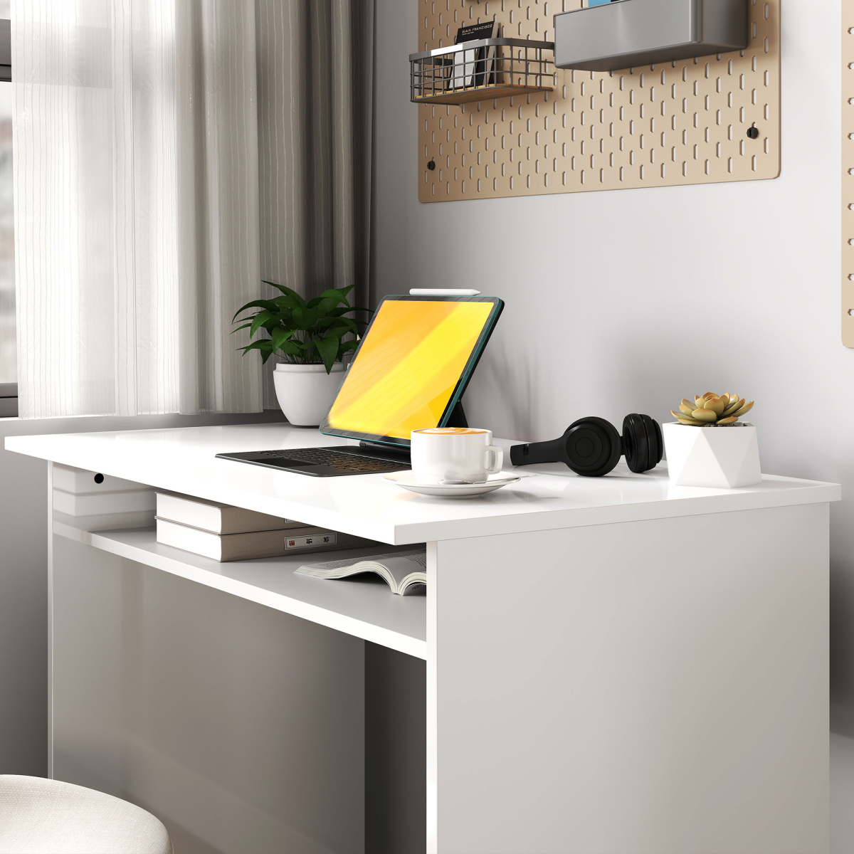 HOMCOM High Gloss Computer Desk with Built-In Storage & Spacious Top – Home Study Workstation, White