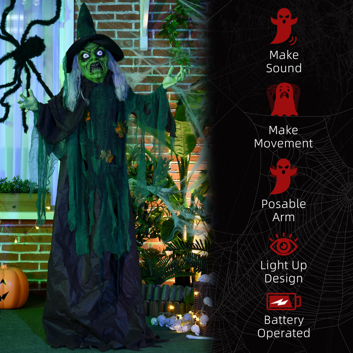 HOMCOM 6ft Outdoor Halloween Witch Prop Decoration with Light Up Eyes and Heart