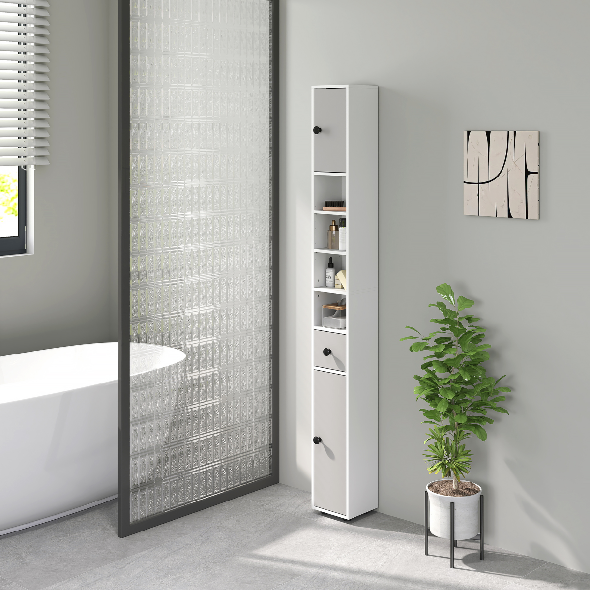 kleankin Slim Bathroom Cabinet with Drawer and Adjustable Shelves – Toilet Roll Storage Unit, Light Grey