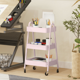 HOMCOM 3-Tier Rolling Utility Cart with Mesh Trays – Kitchen Storage Trolley, Pink