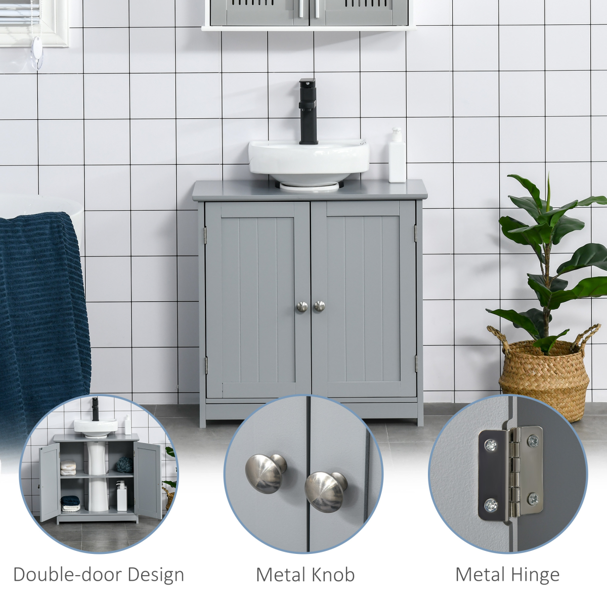 kleankin 60 x 60cm Under-Sink Storage Cabinet with Adjustable Shelf & Pipe Cut-Out – Bathroom Storage, Grey