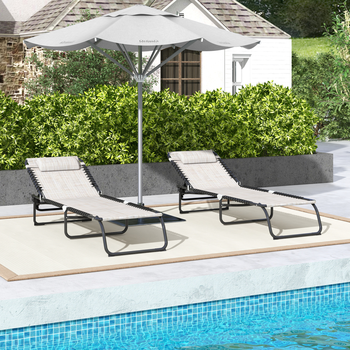 Outsunny Set of 2 Folding Beach Lounge Chairs with 4 Recline Positions & Headrest – Sun Loungers, Cream