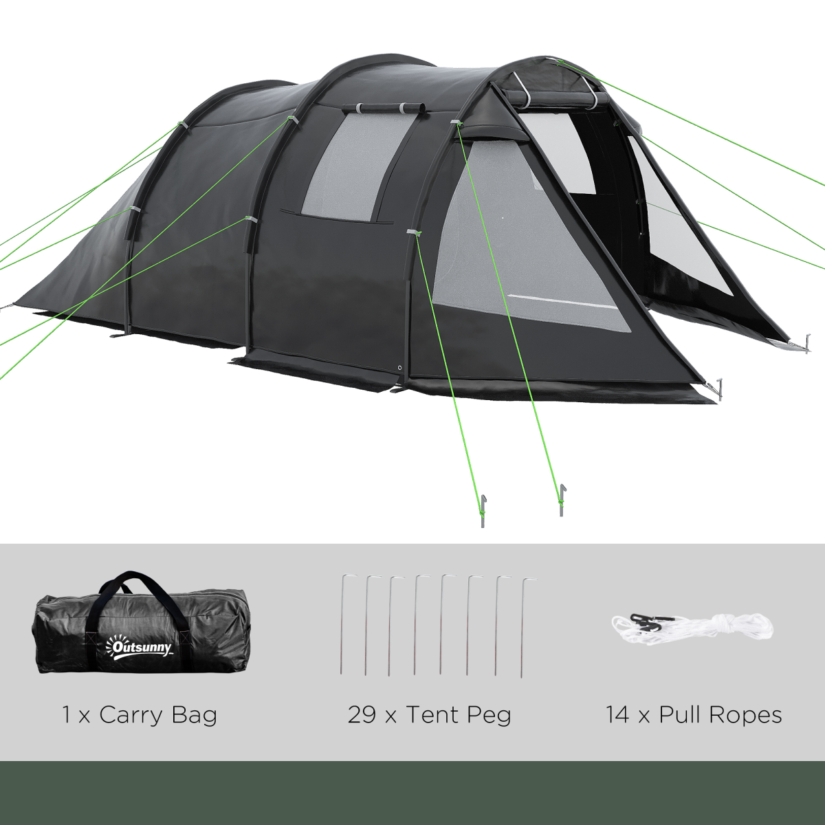 Outsunny 3-4 Person Tunnel Tent with Two Rooms, Windows & Carry Bag – Water-Resistant Family Camping Tent, Black