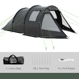 Outsunny 3-4 Person Tunnel Tent with Two Rooms, Windows & Carry Bag – Water-Resistant Family Camping Tent, Black