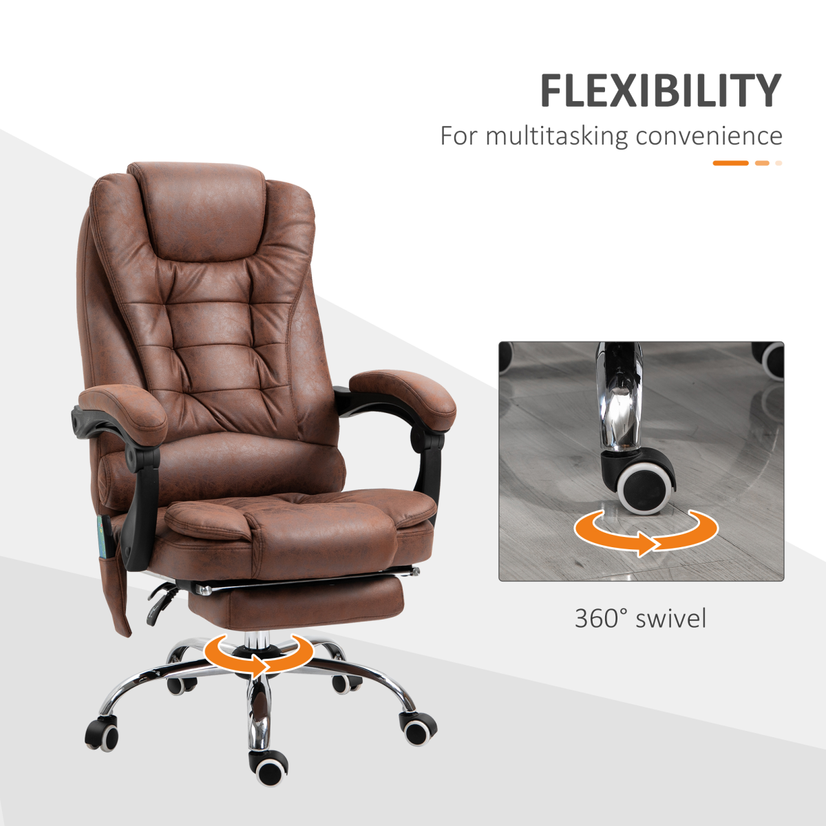 Vinsetto Heated Massage Office Chair with 6 Vibration Points & Footrest – Reclining Home Office Chair, Brown