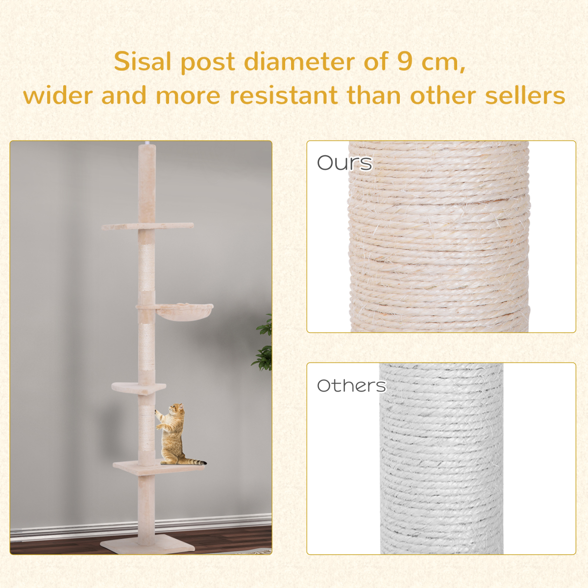 Pawhut 5-Tier Floor to Ceiling Cat Tree with Scratching Post – Activity Tower, Adjustable 230–260cm