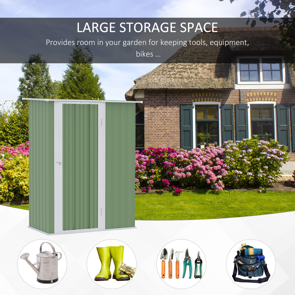Outsunny Garden Storage Shed with Sloped Roof & Lockable Door, 142 x 84 x 189cm – Tool & Bike Store, Green
