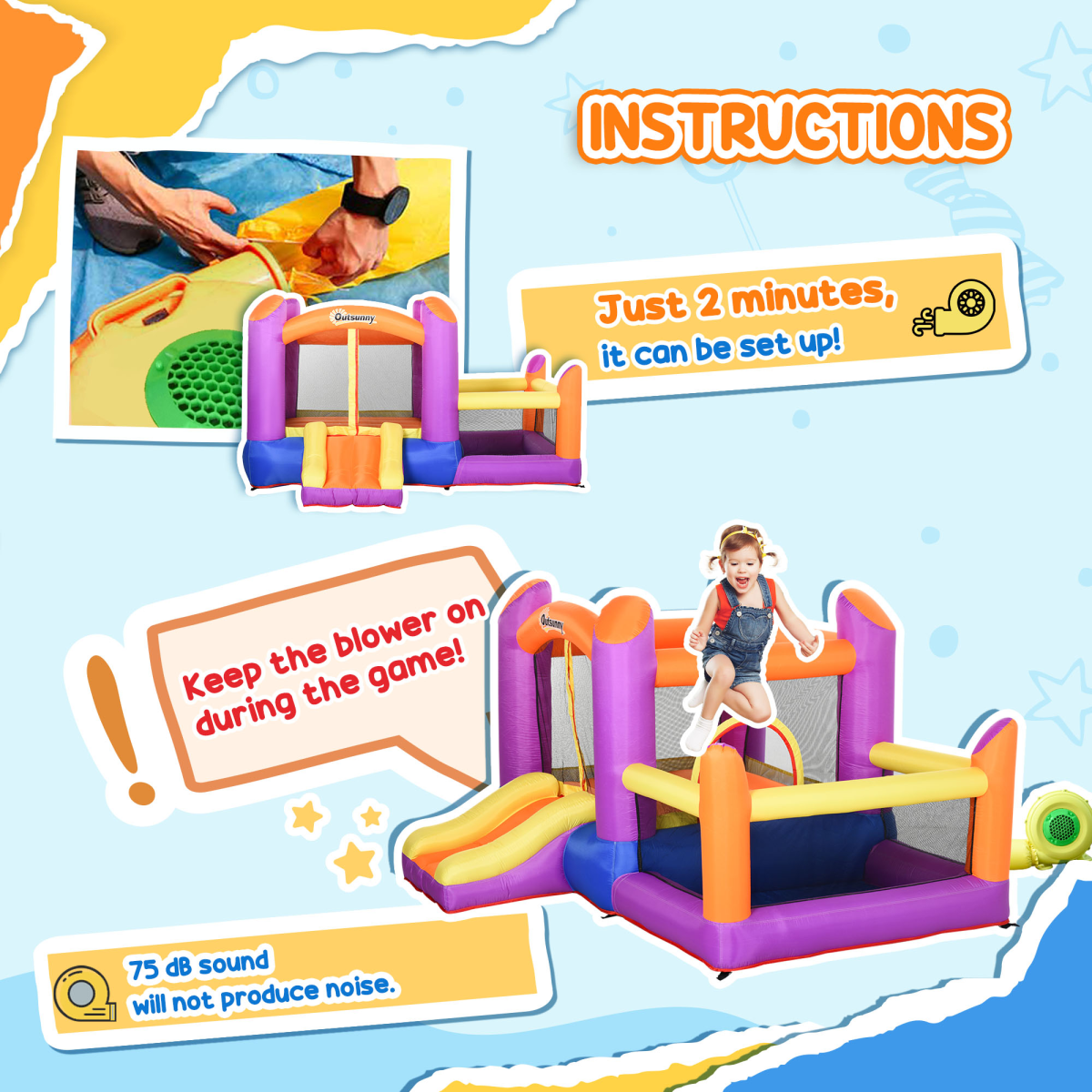 Outsunny Inflatable Bouncy Castle with Slide, Pool & Trampoline, Includes Blower – Kids Garden Play, Multi-Colour