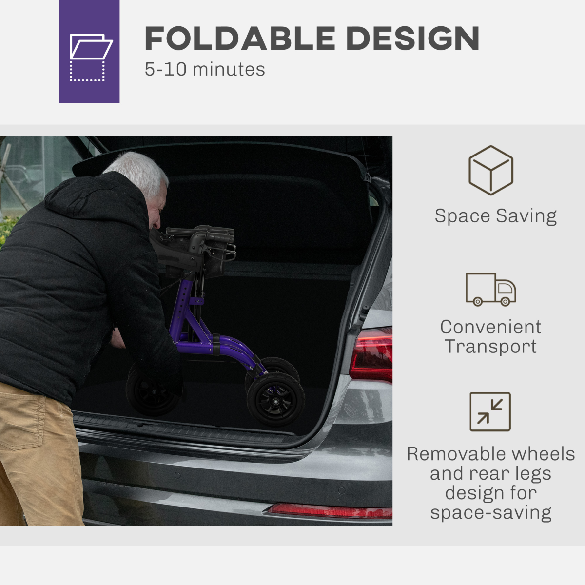 HOMCOM All-Terrain Rollator Walker with Seat, Backrest & Storage Bag – Folding Aluminium Mobility Aid, Purple