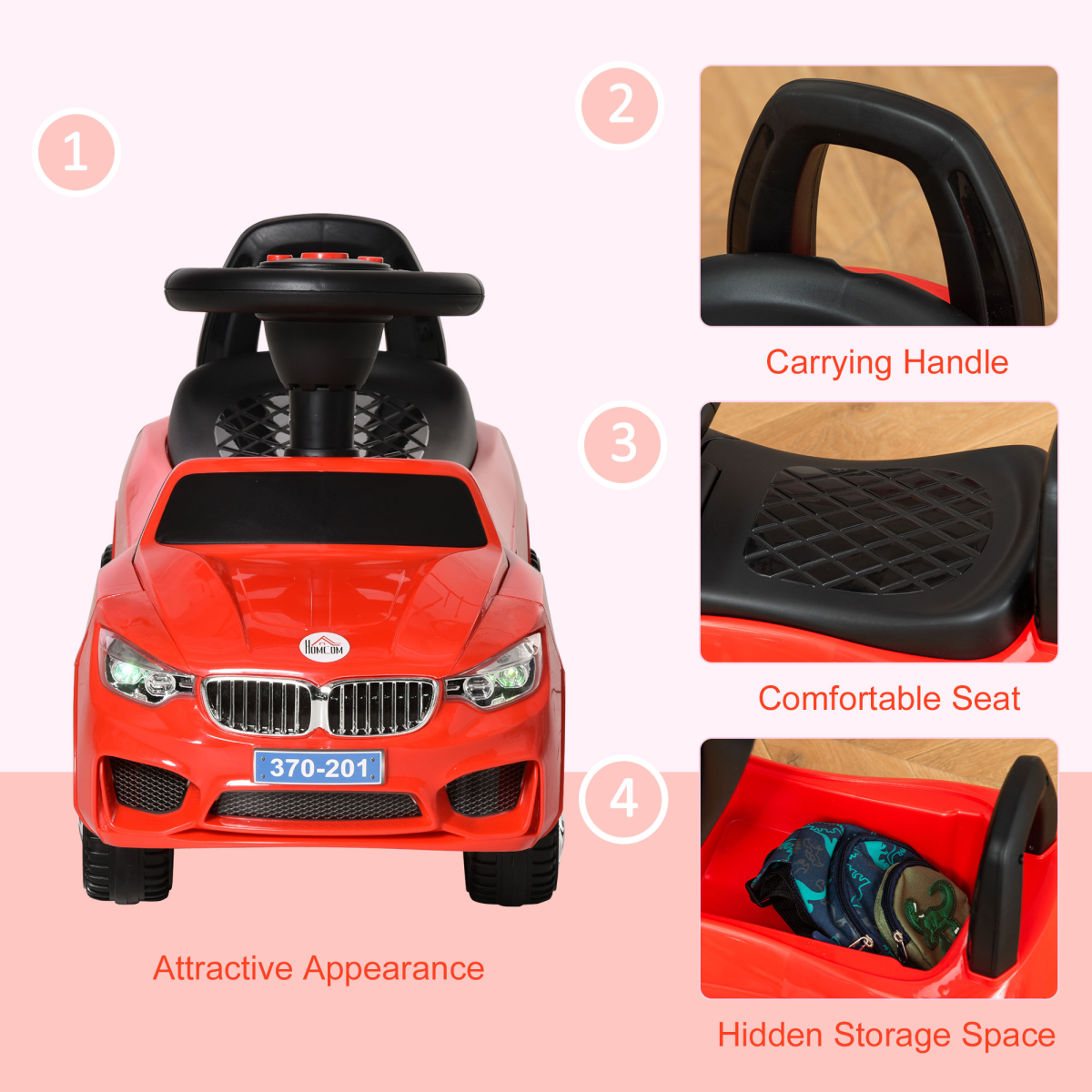 HOMCOM Toddler Ride-On Car with Foot-to-Floor Sliding, Lights, Music & Storage – Ages 18-36 Months, Red