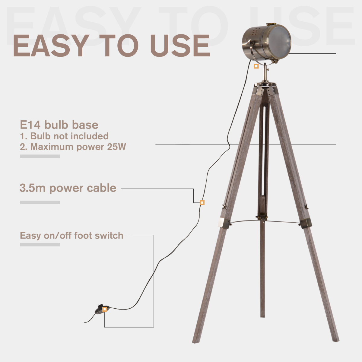 HOMCOM Industrial Tripod Searchlight Floor Lamp with Adjustable Height & Tilting Head – Wood & Bronze