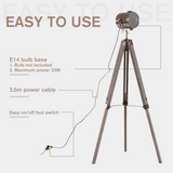 HOMCOM Industrial Tripod Searchlight Floor Lamp with Adjustable Height & Tilting Head – Wood & Bronze