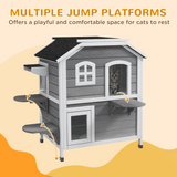 PawHut Two-Storey Cat Condo with Openable Roof – Fir Wood Indoor & Outdoor Catio House, Grey