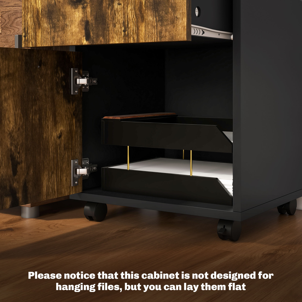 HOMCOM 60cm Mobile Storage Cabinet with Drawers, Open Shelf and Lockable Wheels – Home Office, Rustic Brown