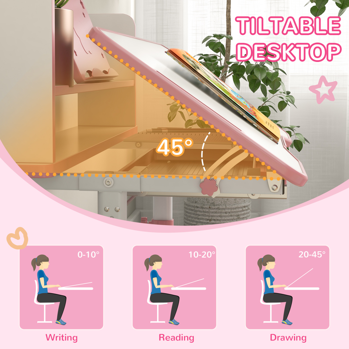 ZONEKIZ Height Adjustable Kids Desk and Chair Set with Drawer & Bookshelf – Tilting Study Desk, Pink