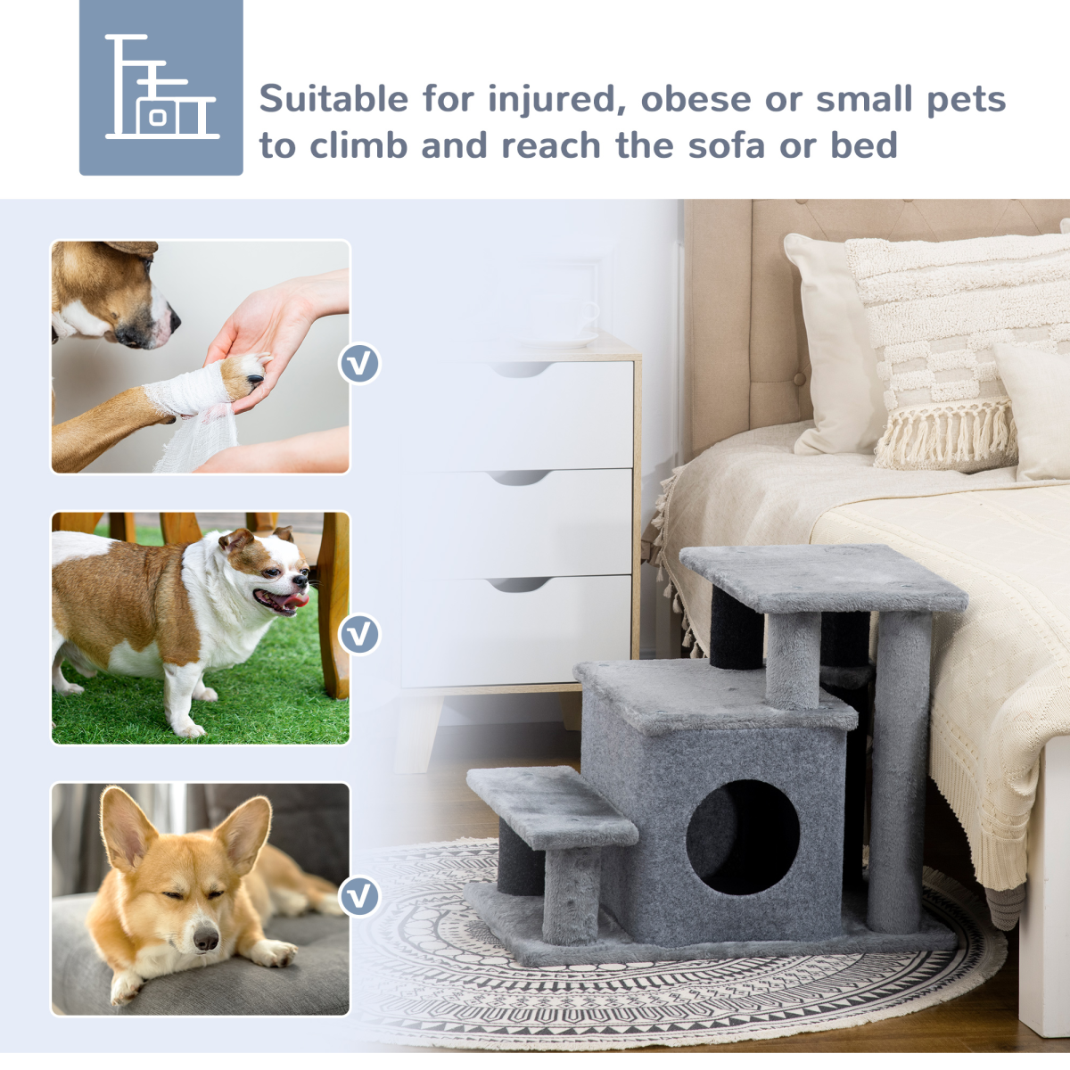 Pawhut Cat Steps for Bed & Sofa with Cat House, Hanging Ball & Adjustable 3 or 4 Steps – Pet Stairs, Grey