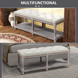 HOMCOM 2-Tier Button-Tufted Bed End Bench with Storage – Cream White Vintage Style