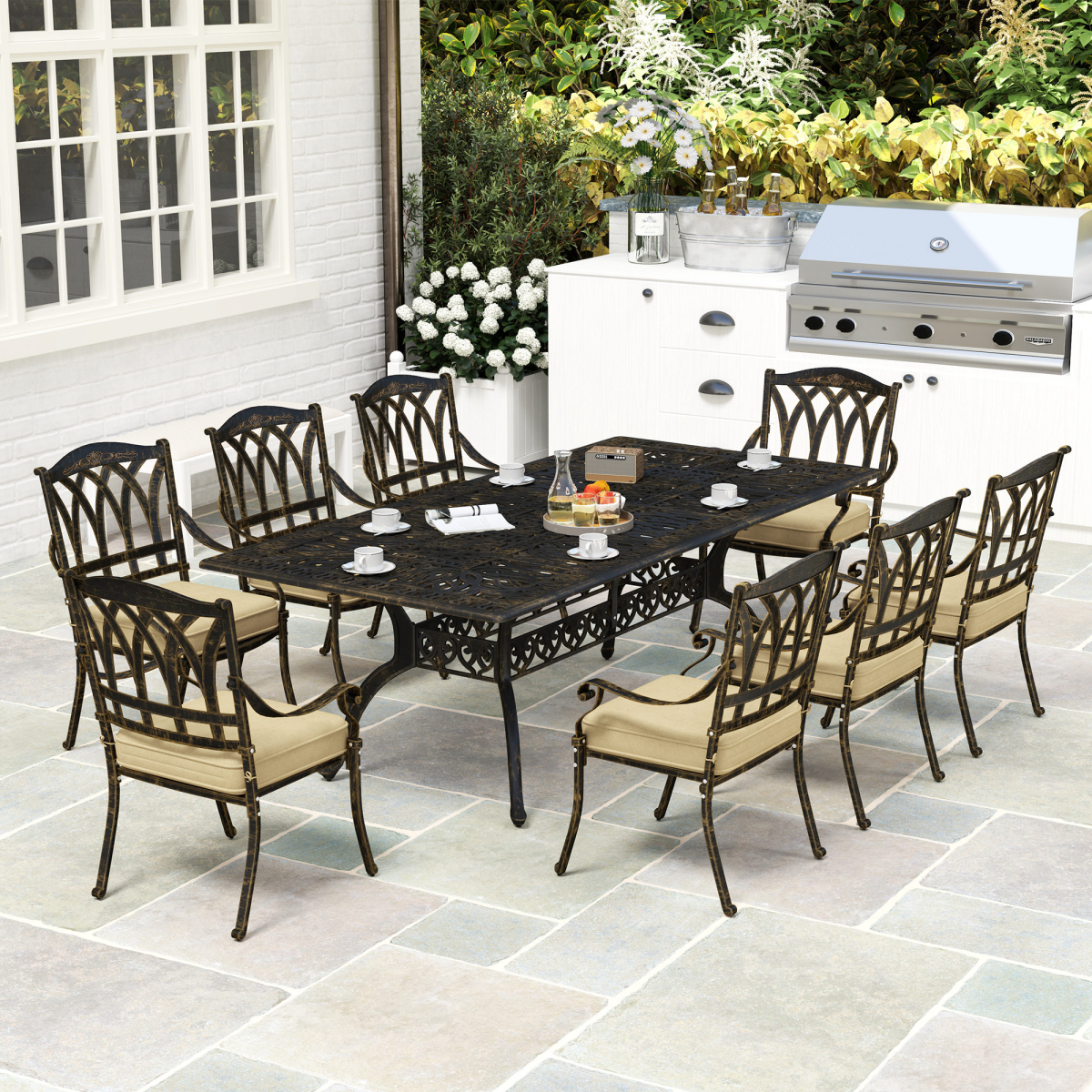 Outsunny 9-Piece Cast Aluminium Garden Dining Set with 8 Armchairs, Cushions & Parasol Hole – Bronze and Khaki