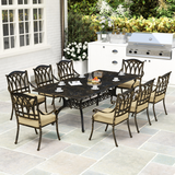 Outsunny 9-Piece Cast Aluminium Garden Dining Set with 8 Armchairs, Cushions & Parasol Hole – Bronze and Khaki