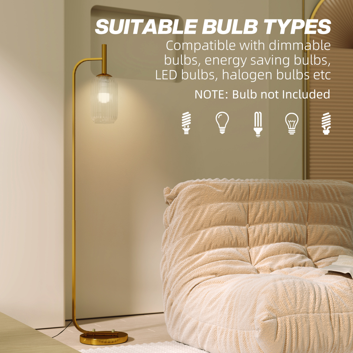 HOMCOM Modern Floor Lamp with Glass Lampshade, Foot Switch for Living Room