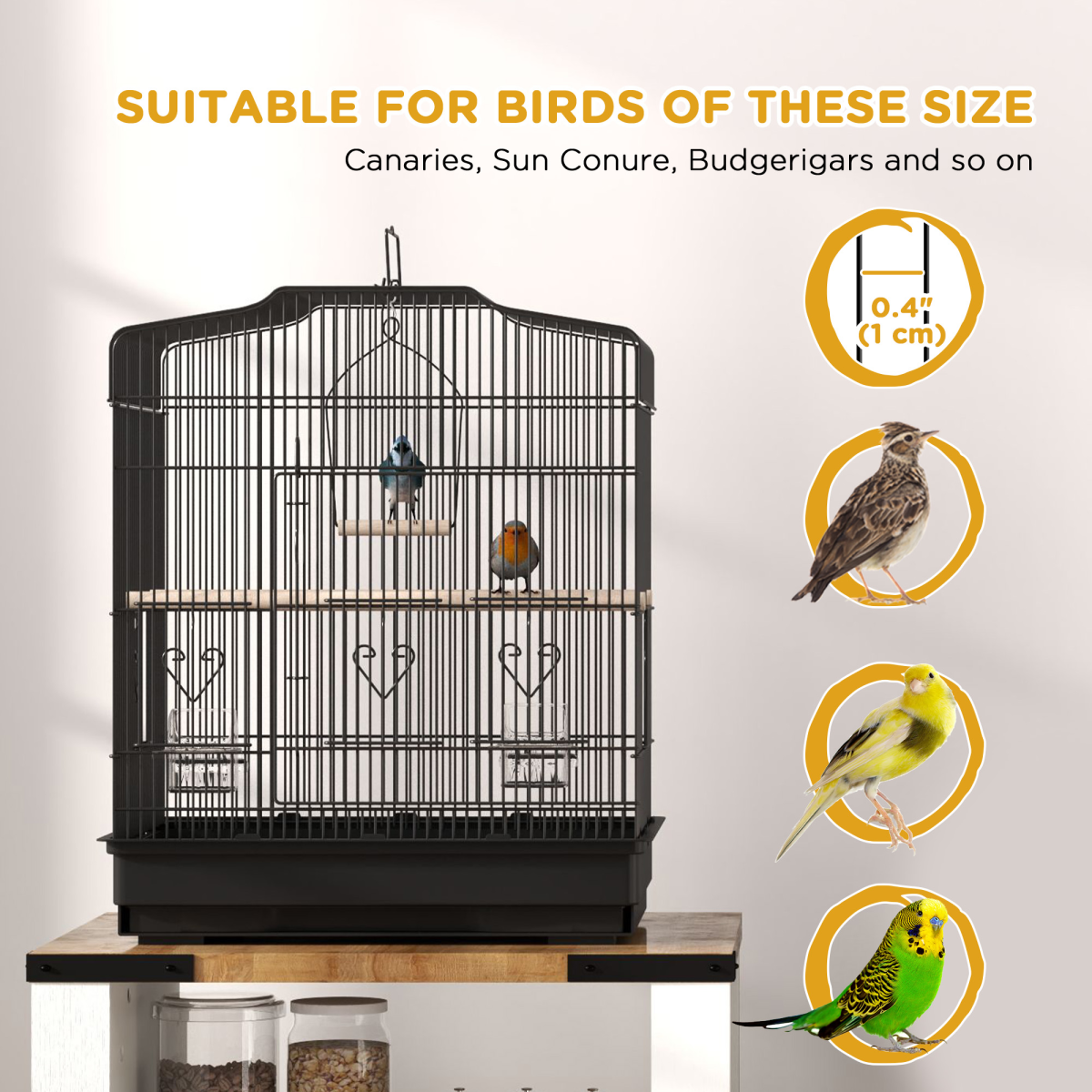 PawHut 59cm Large Bird Cage with Stand, Perches, Food Bowls & Swing – Powder-Coated Steel Aviary, Black