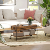 HOMCOM Industrial Lift Top Coffee Table with Hidden Storage Compartment & Open Shelf – Rustic Brown