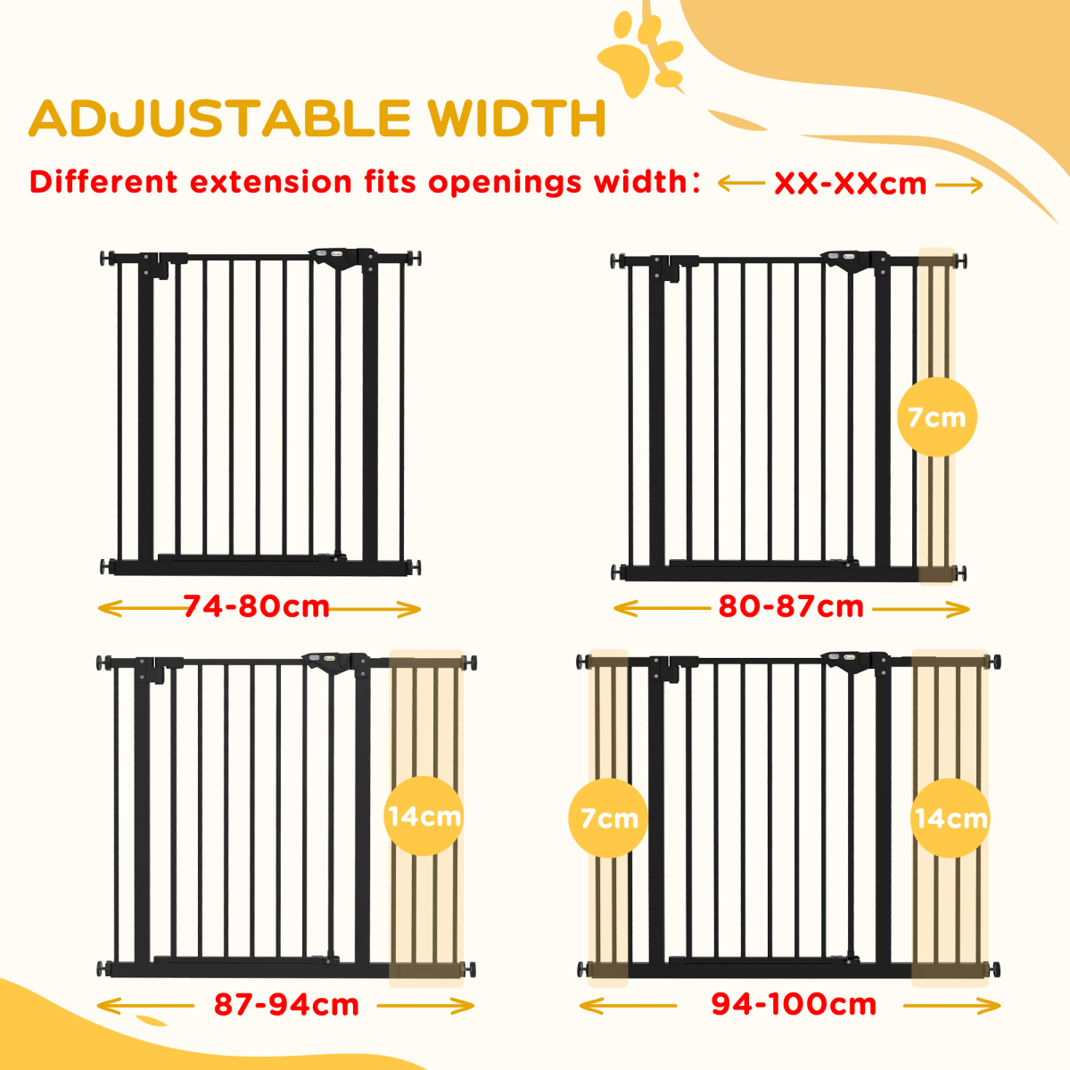 PawHut Adjustable Safety Gate with 2 Extensions and 4 Screws – Pet Gate for Doors and Stairs, Black