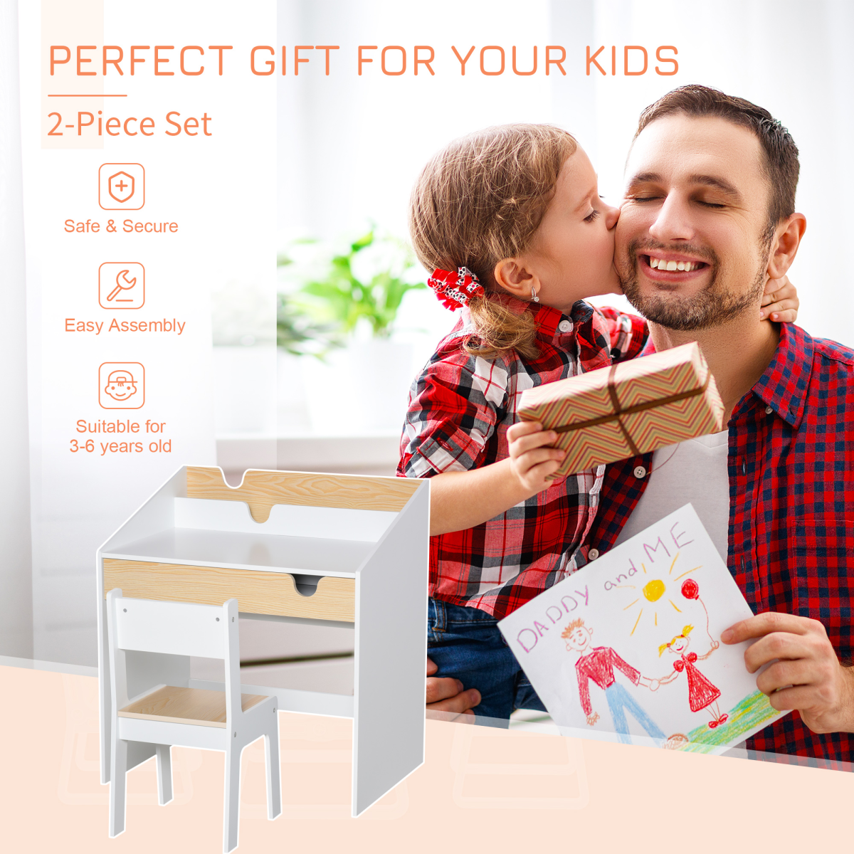 Two-Piece Kids Desk and Chair Set with Drawer and Shelf – MDF Children's Study Table with Storage for Ages 3–6