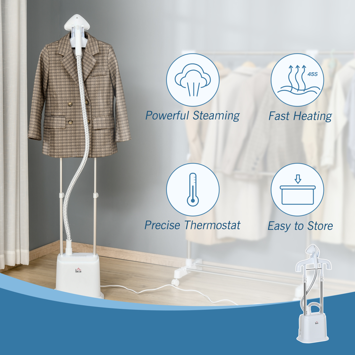HOMCOM Upright Garment Steamer with 1.7L Removable Tank – 45-Second Heat-Up, White