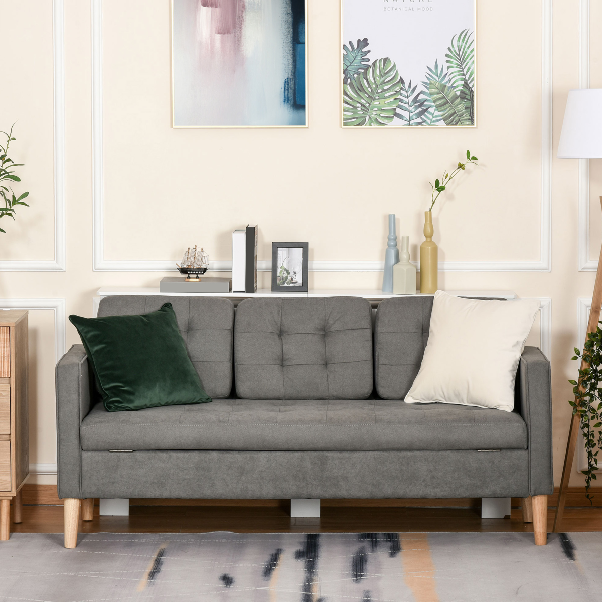 HOMCOM 3-Seater Button-Tufted Fabric Sofa with Hidden Storage and Rubberwood Legs – Compact Couch