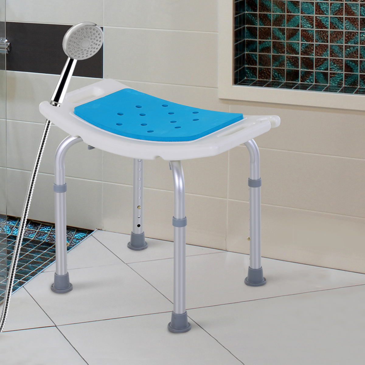 HOMCOM Adjustable Aluminium Shower Stool with Non-Slip Feet and Drainage Holes – Bathroom Seat, 136kg Load