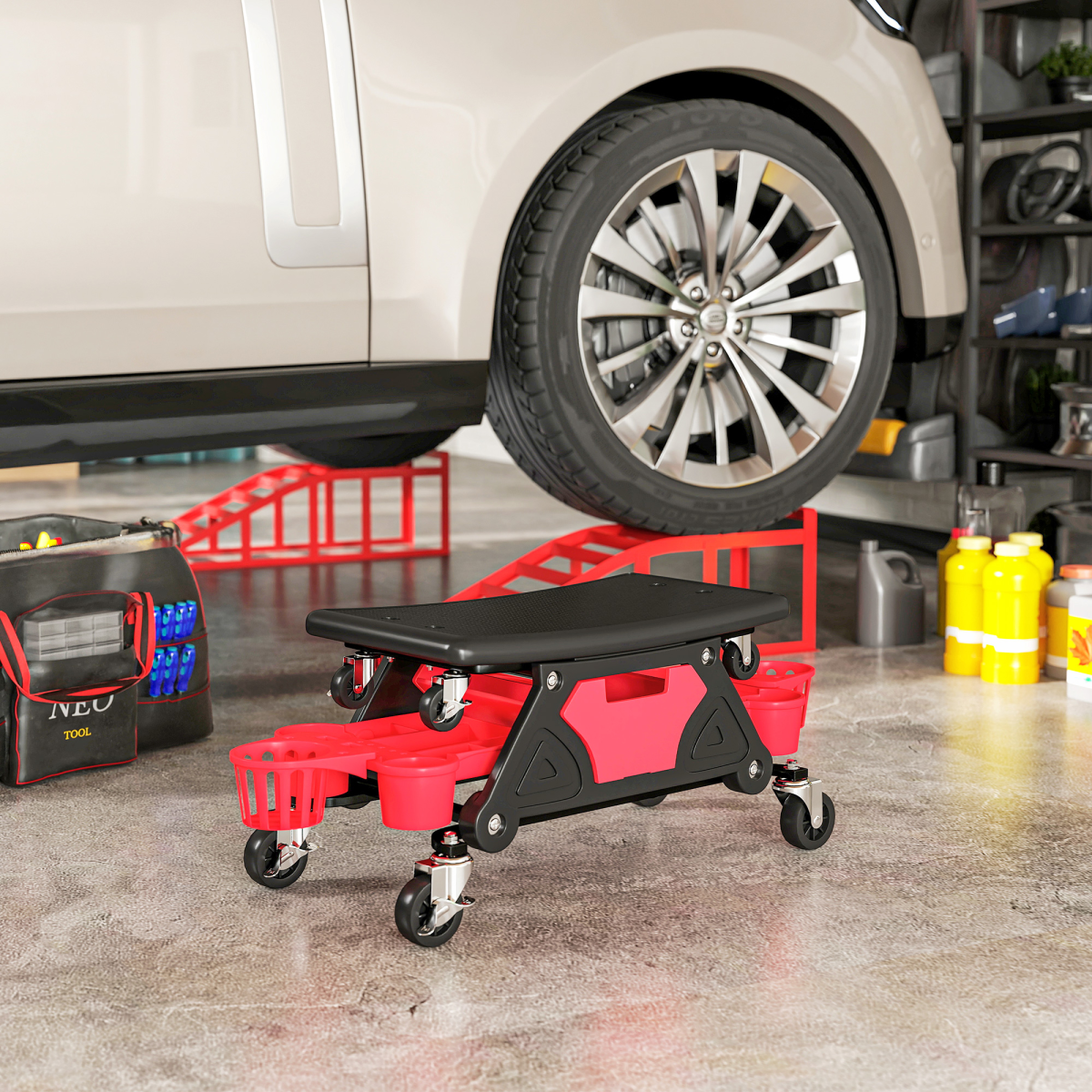 HOMCOM Rolling Mechanic Stool with Detachable Seat & Tool Trays, 135kg Capacity – Workshop Seat, Red