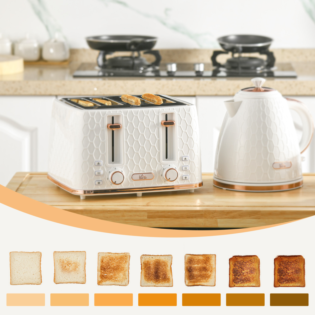 HOMCOM 1.7L Kettle & 4-Slice Toaster Set with Defrost & Reheat – Honeycomb Breakfast Set, White