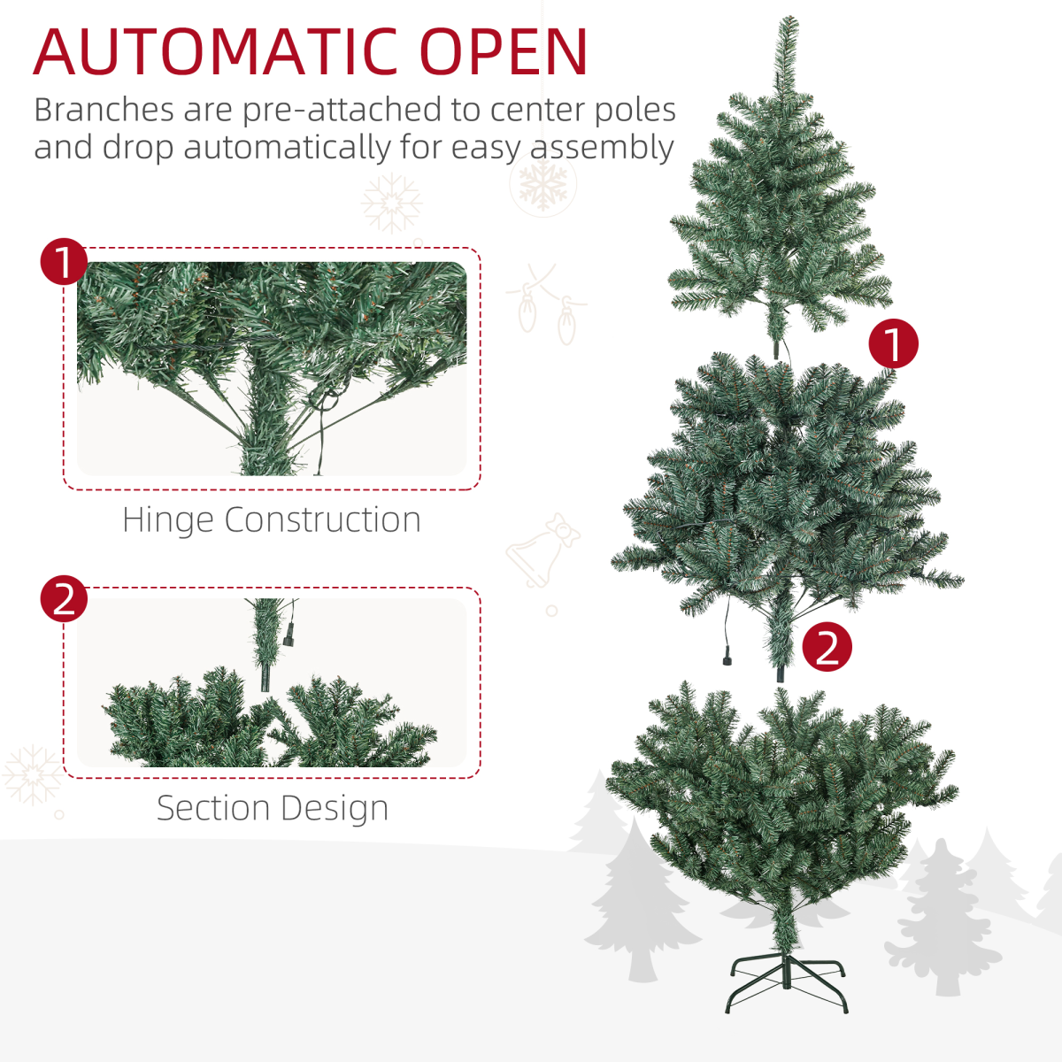 HOMCOM Artificial Christmas Tree with LED Lights, Baubles and Banner – Auto Open Branches, Steel Base