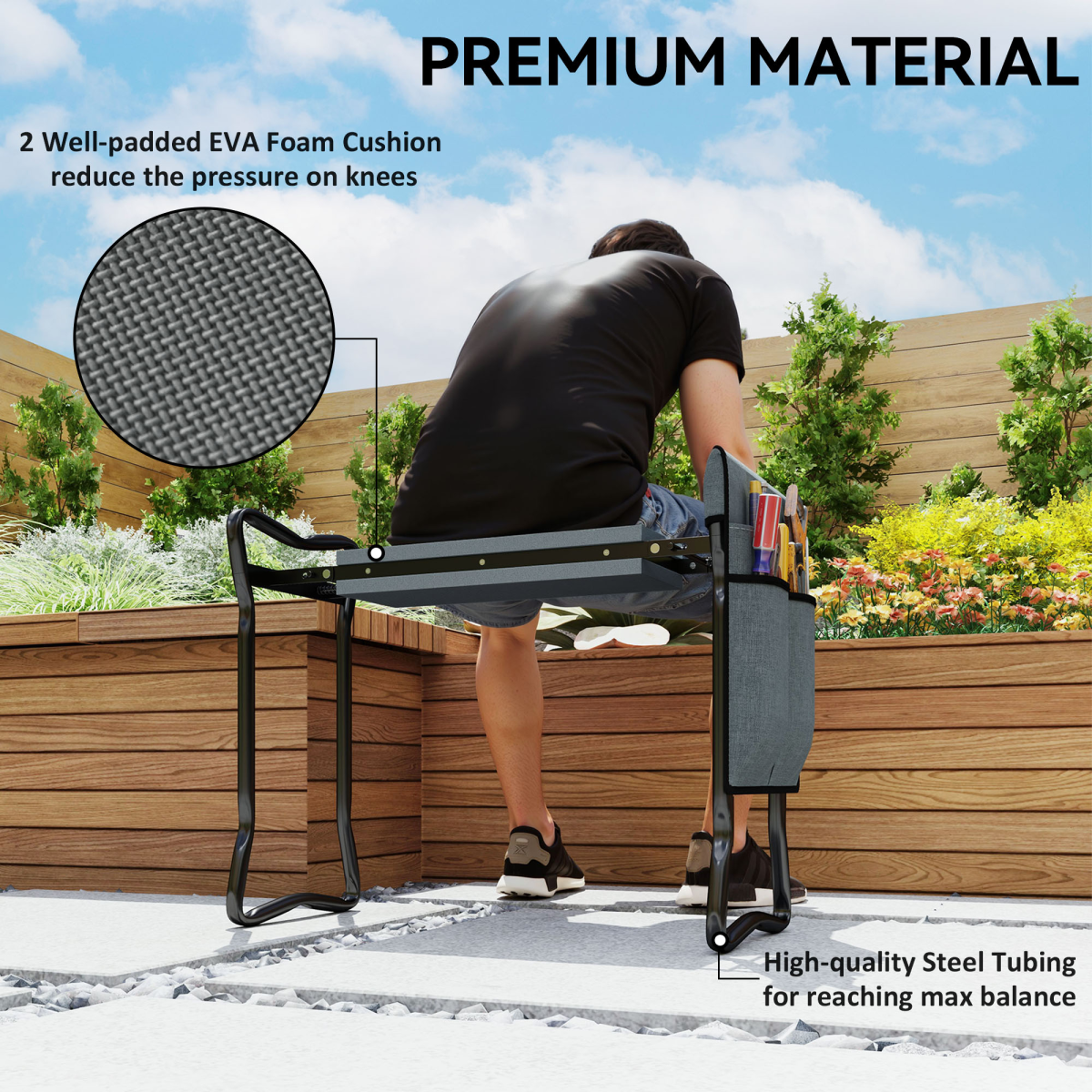 Outsunny Foldable Garden Kneeler and Seat with EVA Foam Pad & Removable Tool Bag – Steel Frame, Grey and Black