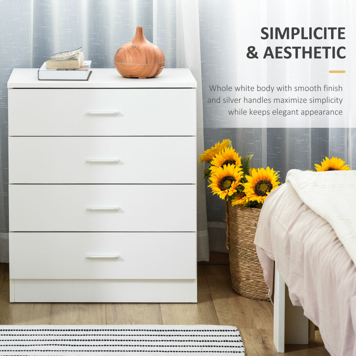 HOMCOM 4-Drawer Vertical Chest of Drawers with Metal Rails & Anti-Tip Kit – Bedroom Clothes Storage