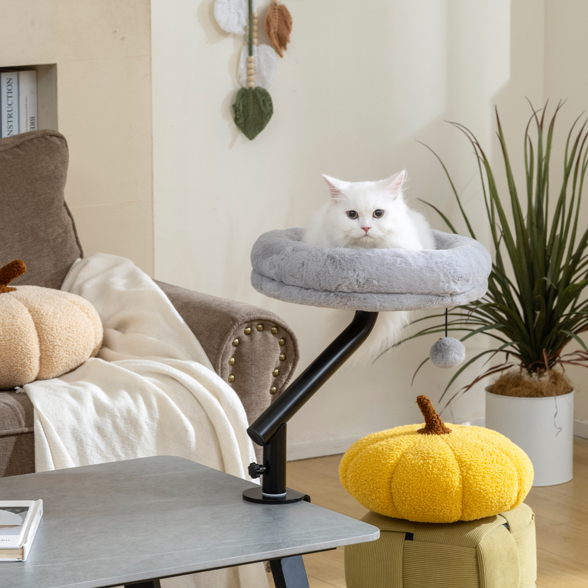 PawHut Cat Bed for Desk with 360° Rotation, Adjustable Clamp-On Cat Hammock Nest & Teaser Ball, Grey