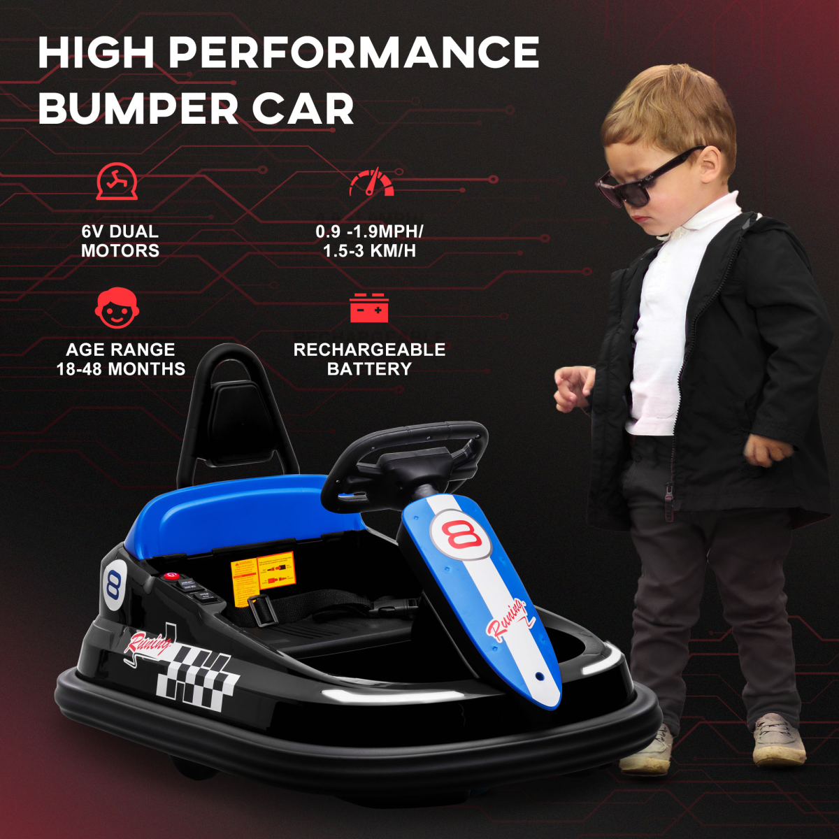 HOMCOM 6V Kids Bumper Car with 360-Degree Rotation, 2 Speeds, Music, Horn & Light Strips – Ride-On Waltzer Car