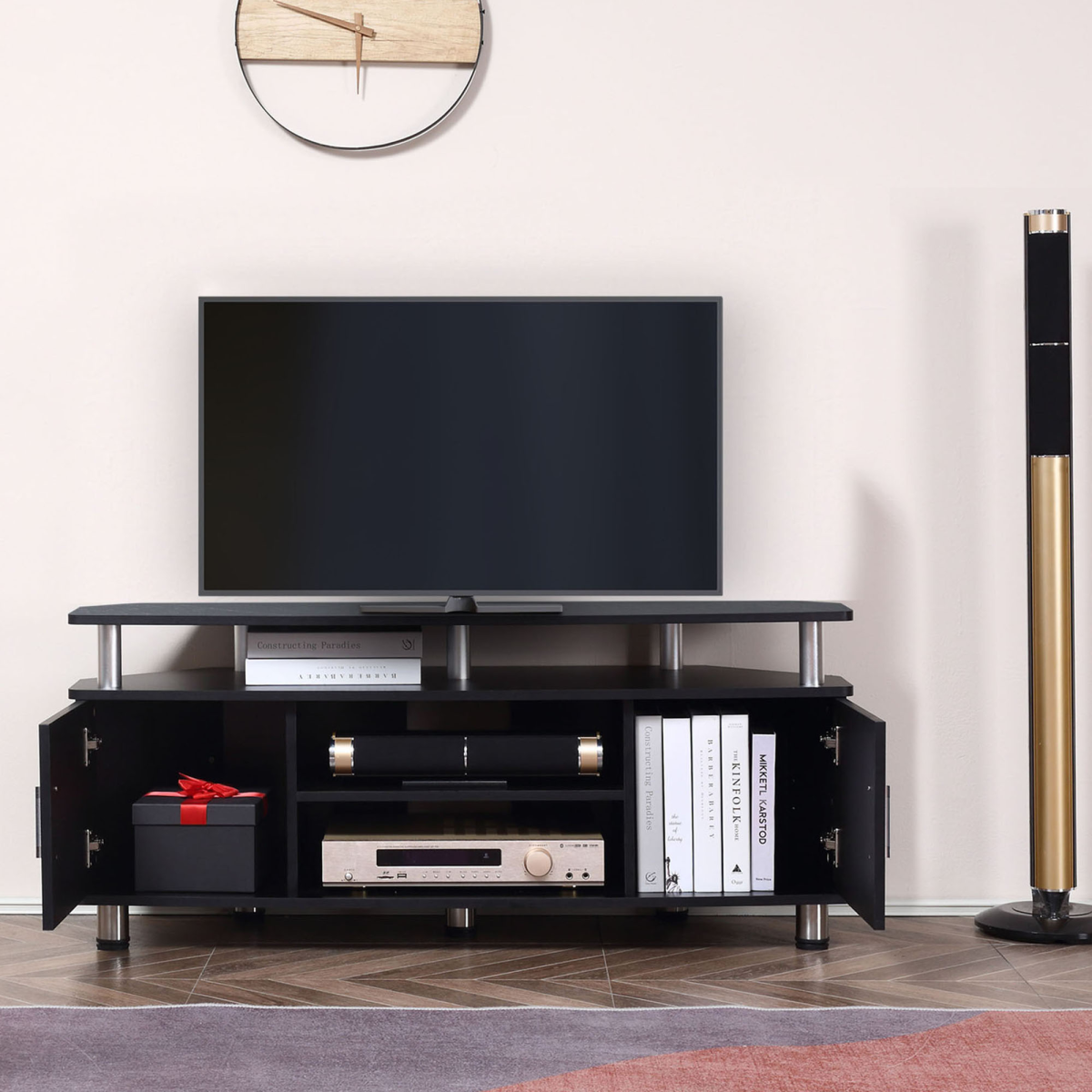 HOMCOM 120cm TV Unit Entertainment Centre with Open Shelves & Two Cupboards – Living Room Media Storage