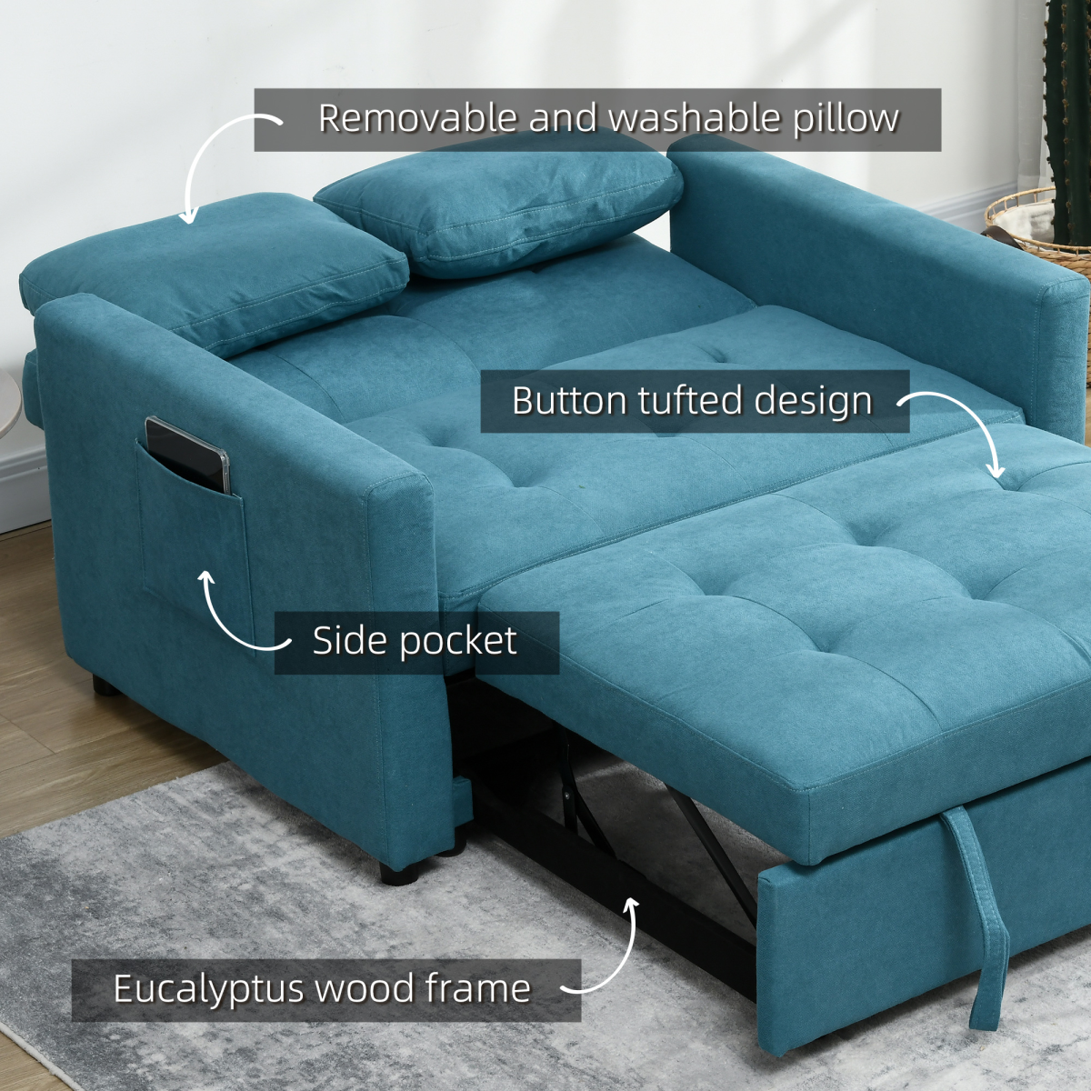 HOMCOM Click-Clack 2 Seater Sofa Bed with Cushions & Side Pockets – Convertible Settee for Flats & Guest Rooms