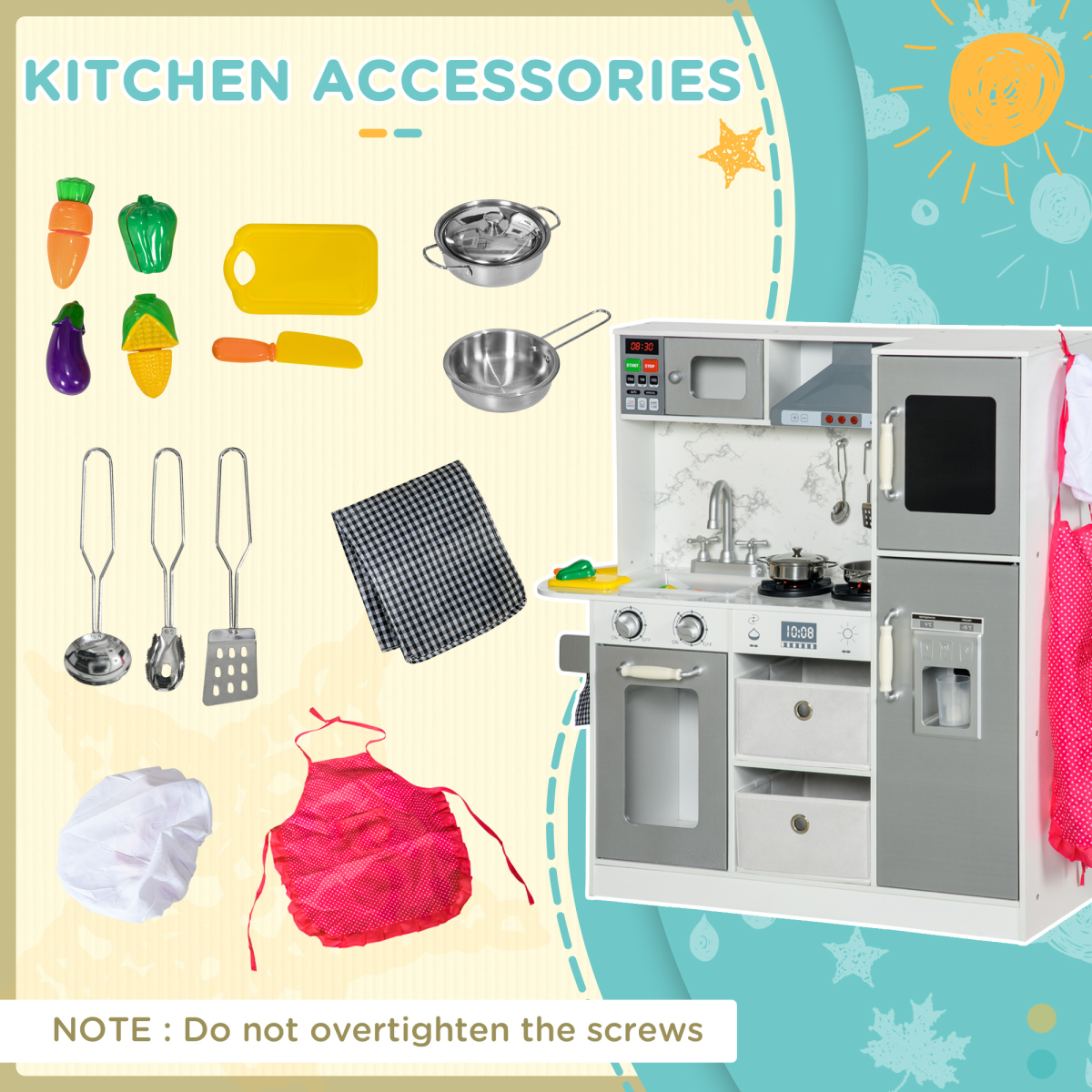AIYAPLAY Toy Kitchen Playset with Lights, Sounds, Apron & Chef Hat – Kids Role Play Kitchen, White