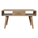 Artisan Furniture Solid Wood Curved Coffee Table with 2 Drawers & 2 Open Slots, Oak-ish Finish – Beige