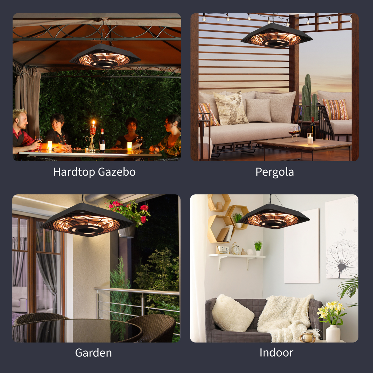 Outsunny 2000W Electric Hanging Patio Heater with Remote, 3 Heat Settings & LED Light – Gazebo Halogen Heater, Black