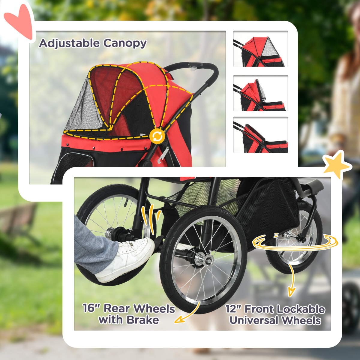 PawHut Foldable Pet Stroller Jogger with Canopy & Three Wheels – Pram for Medium Dogs, Red
