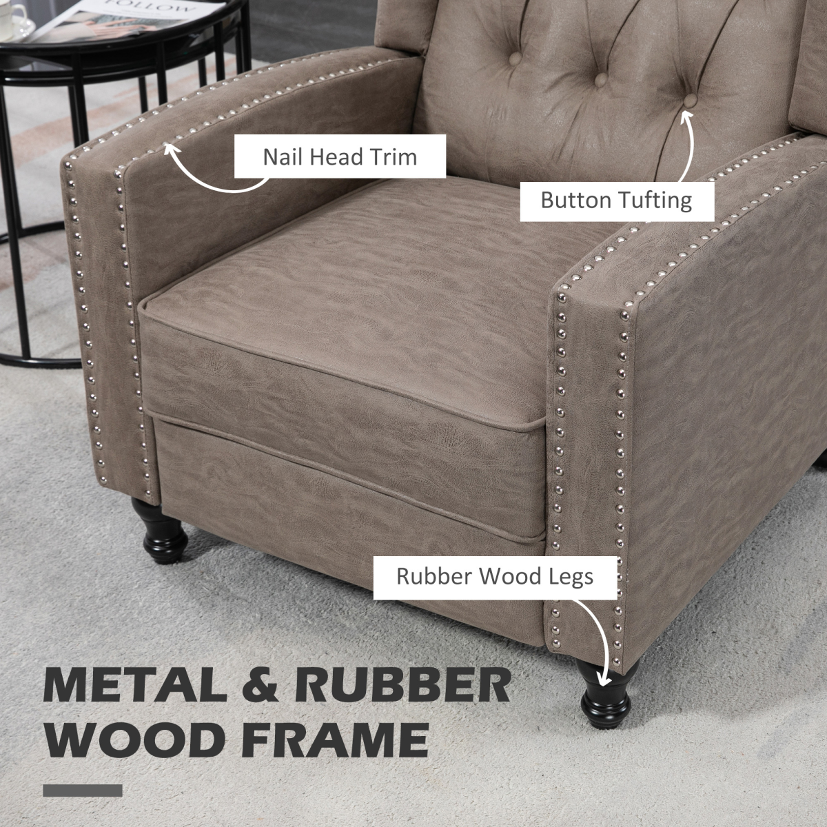 HOMCOM Marble-Effect Manual Reclining Armchair with Footrest & Decorative Studs – Living Room Recliner, Brown