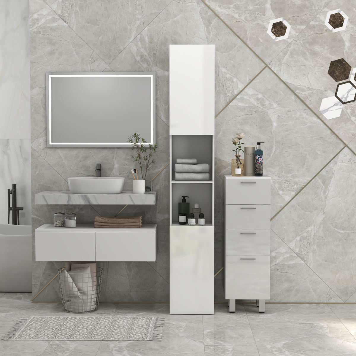 kleankin High Gloss Tall Bathroom Storage Cabinet with Two Cupboards and Adjustable Shelves, White