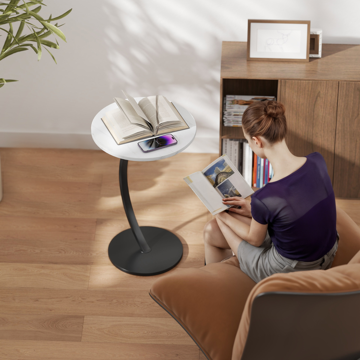 HOMCOM C-Shaped Side Table with Marble-Effect Top – Round Sofa & Bedside Table, White