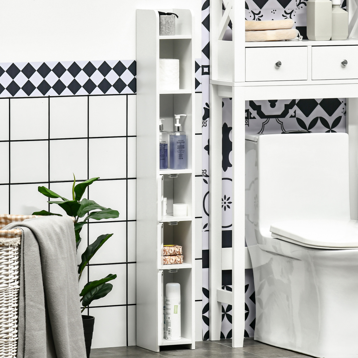kleankin Freestanding Bathroom Cabinet with 3 Open Shelves and 3 Cupboards – Slim Storage, White